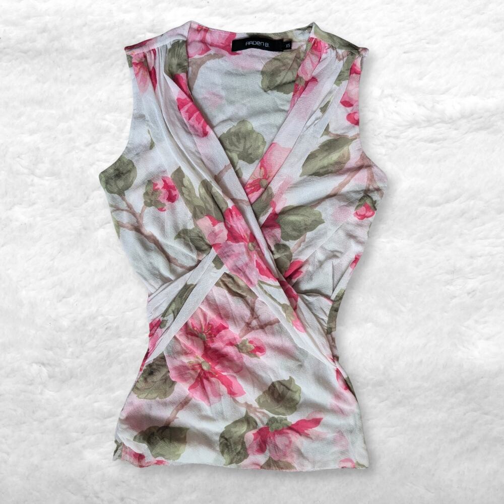 arden b. y2k pink floral mesh surplice v neck top